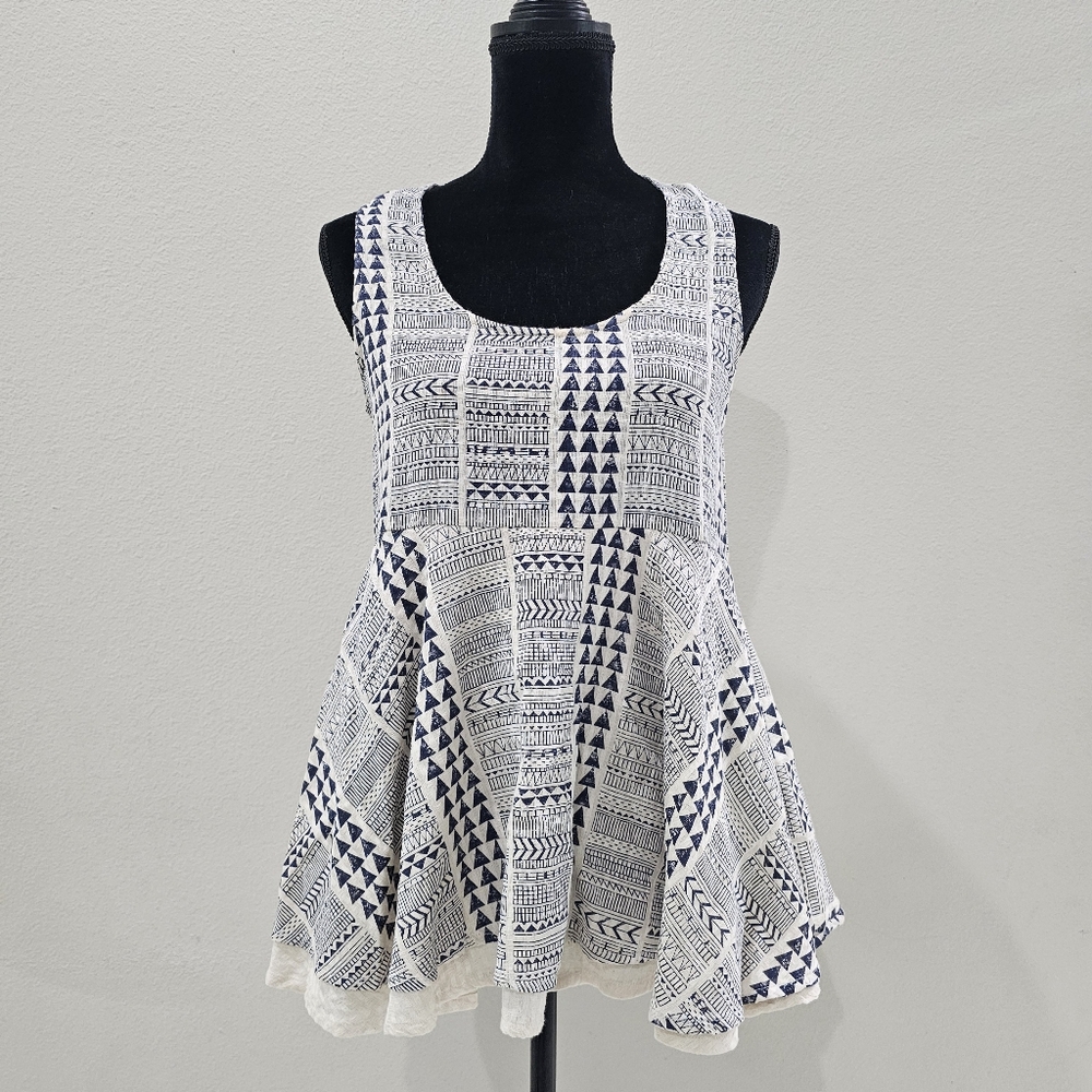 RD + KOKO Anthropologie 100% Cotton Blue Ivory Drop Peplum Waist Tank